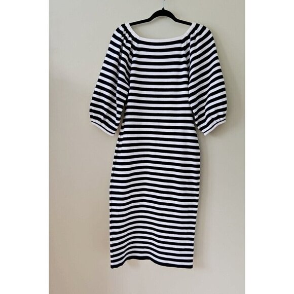 Eliza J Dress M Navy White Striped SS Bodycon Reverse Knit Midi Stretch Nautical - Picture 13 of 13